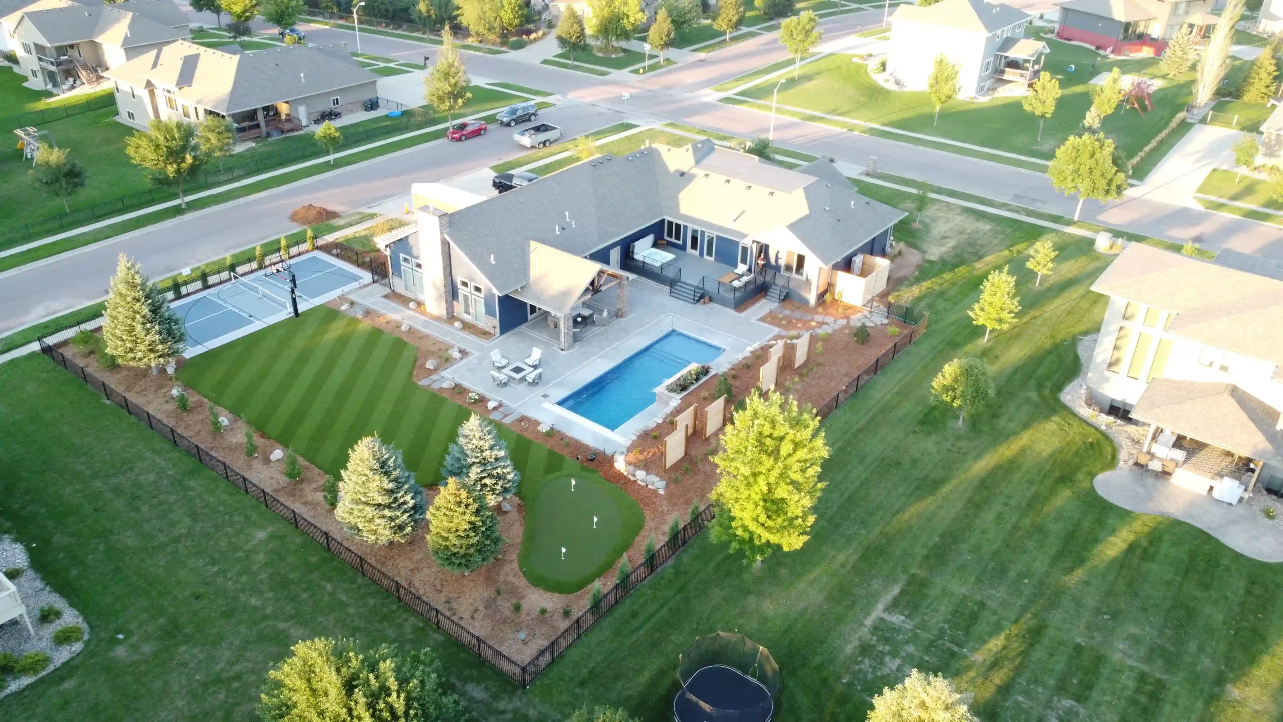 Drone shot of artificial grass backyard area from SYNLawn